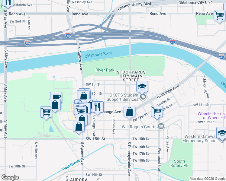 map of restaurants, bars, coffee shops, grocery stores, and more near 2018 Southwest 9th Street in Oklahoma City