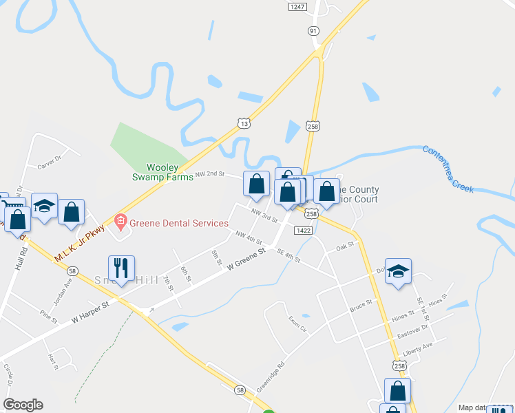 map of restaurants, bars, coffee shops, grocery stores, and more near 117 Northwest 3rd Street in Snow Hill