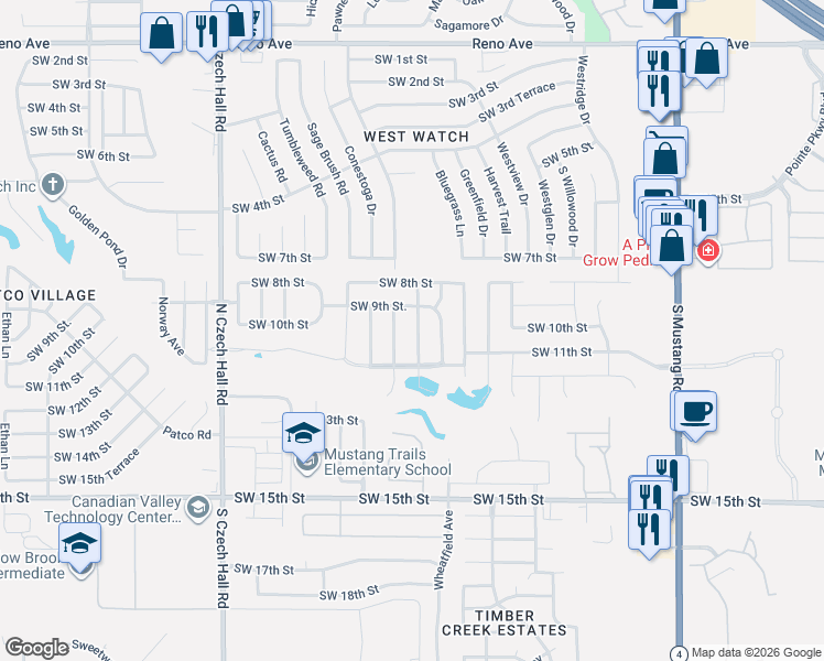 map of restaurants, bars, coffee shops, grocery stores, and more near 1017 Hickory Creek Drive in Yukon