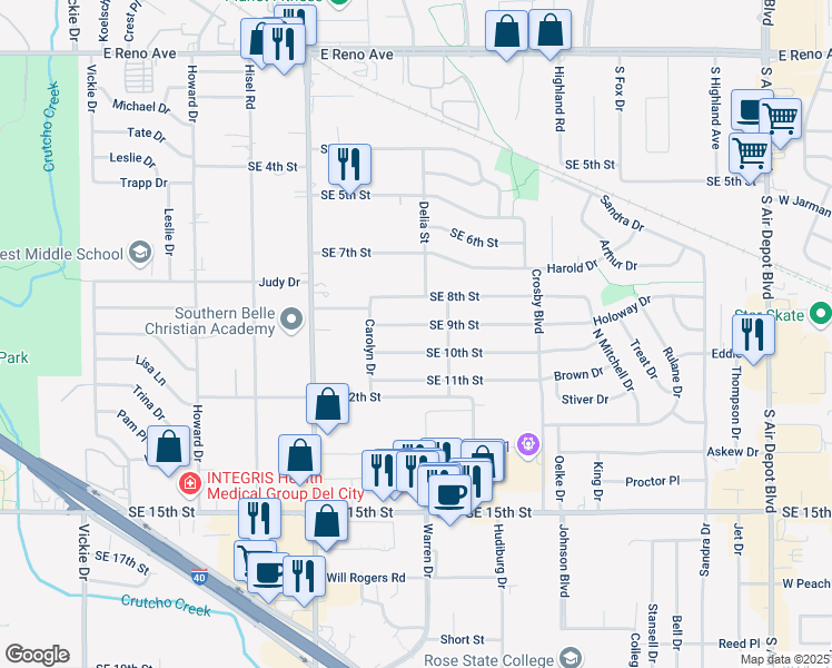 map of restaurants, bars, coffee shops, grocery stores, and more near 5912 Southeast 9th Street in Midwest City