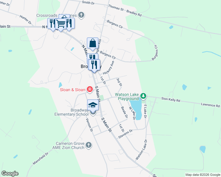 map of restaurants, bars, coffee shops, grocery stores, and more near 212 1st Street in Broadway