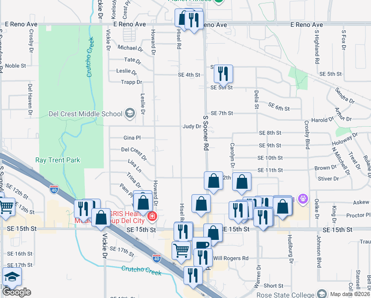 map of restaurants, bars, coffee shops, grocery stores, and more near 1012 Hisel Road in Del City