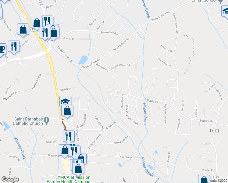 map of restaurants, bars, coffee shops, grocery stores, and more near 67 Baldwin Road in Arden