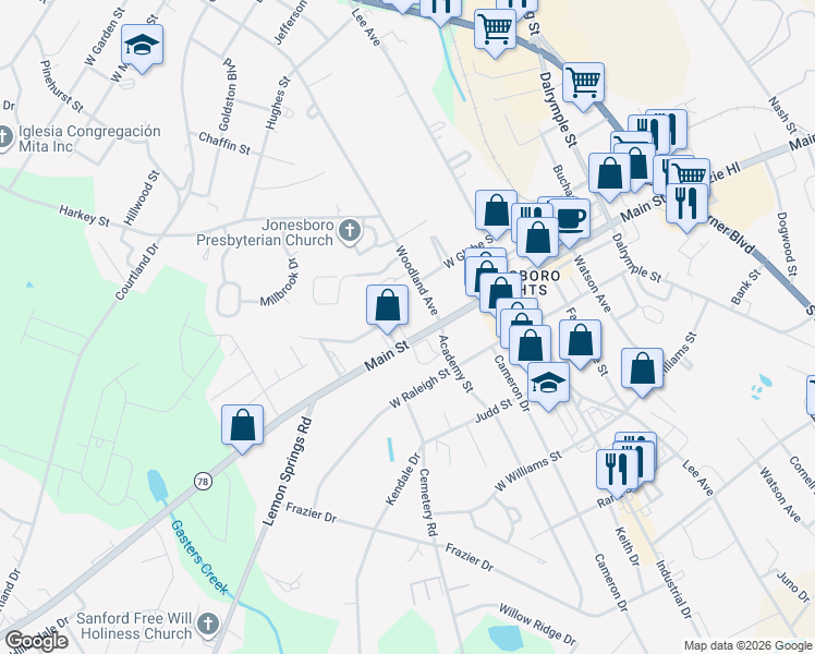 map of restaurants, bars, coffee shops, grocery stores, and more near 420 West Main Street in Sanford