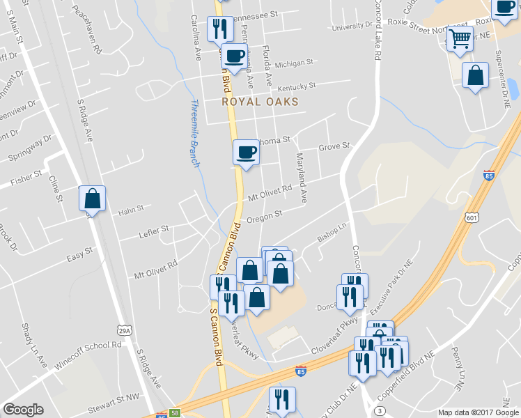 map of restaurants, bars, coffee shops, grocery stores, and more near 2850 Pennsylvania Avenue in Kannapolis