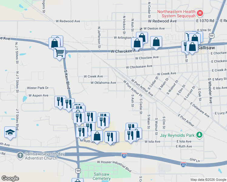 map of restaurants, bars, coffee shops, grocery stores, and more near 815 West Williams Avenue in Sallisaw