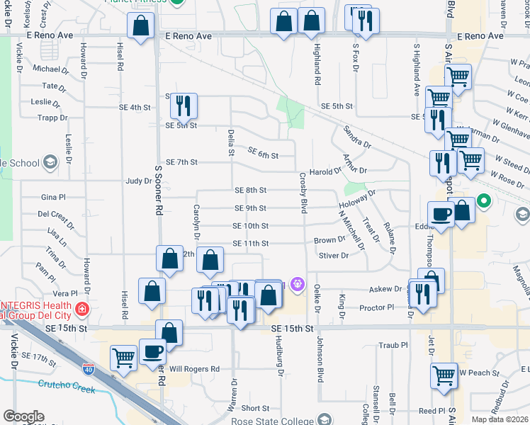 map of restaurants, bars, coffee shops, grocery stores, and more near 6112 Southeast 9th Street in Midwest City
