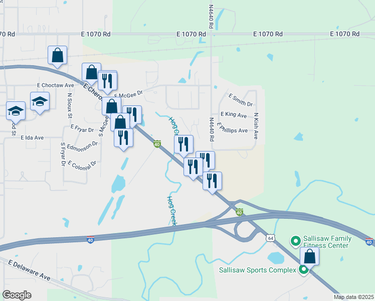 map of restaurants, bars, coffee shops, grocery stores, and more near 101 Doris Drive in Sallisaw