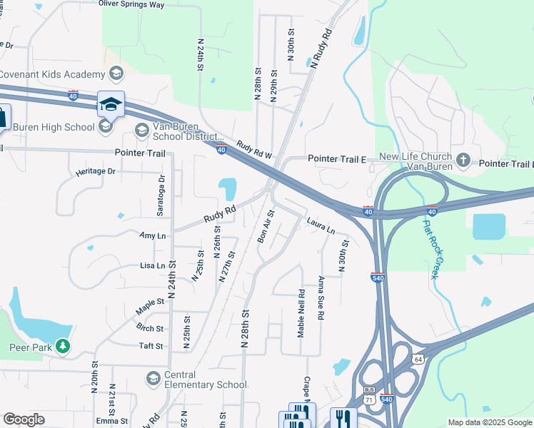 map of restaurants, bars, coffee shops, grocery stores, and more near 1405 Bon Air Street in Van Buren