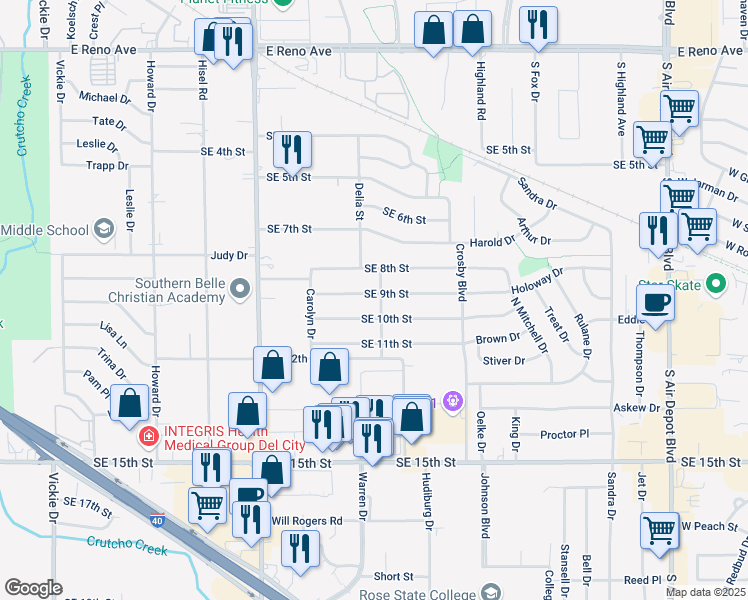map of restaurants, bars, coffee shops, grocery stores, and more near 5912 Southeast 9th Street in Midwest City