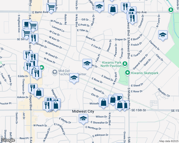 map of restaurants, bars, coffee shops, grocery stores, and more near 1609 Felix Place in Oklahoma City