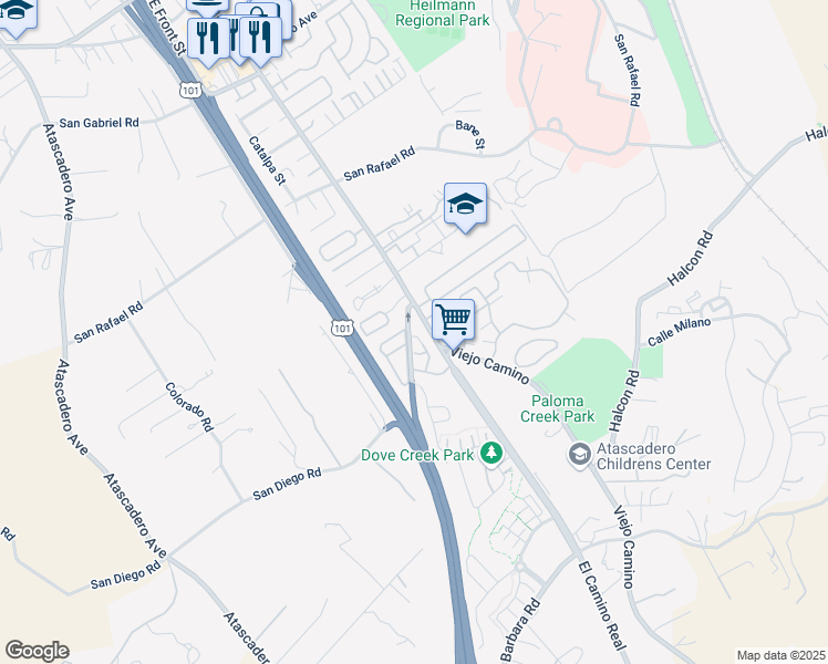 map of restaurants, bars, coffee shops, grocery stores, and more near 9190 Seville Lane in Atascadero