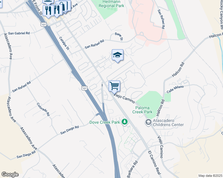 map of restaurants, bars, coffee shops, grocery stores, and more near 11185 El Camino Real in Atascadero