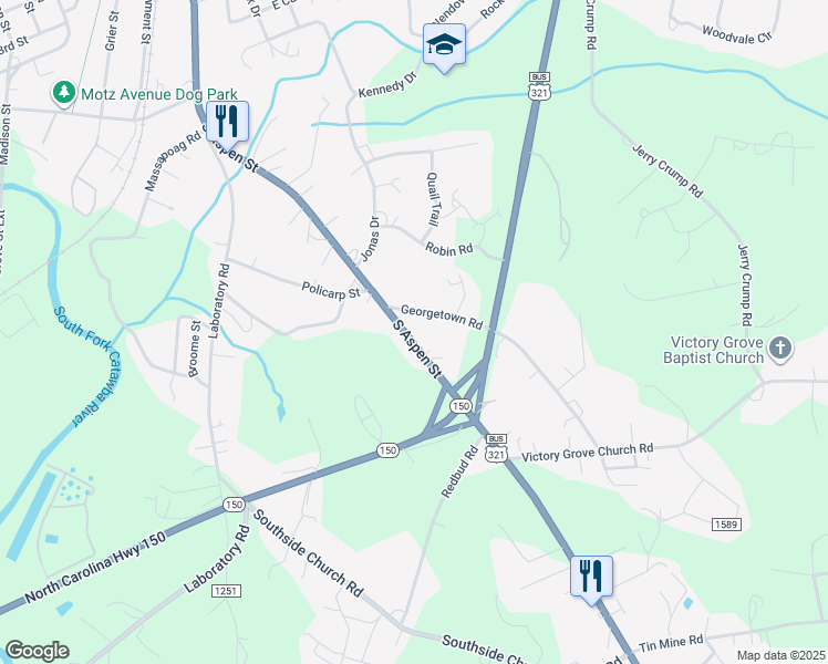 map of restaurants, bars, coffee shops, grocery stores, and more near 1537 South Aspen Street in Lincolnton