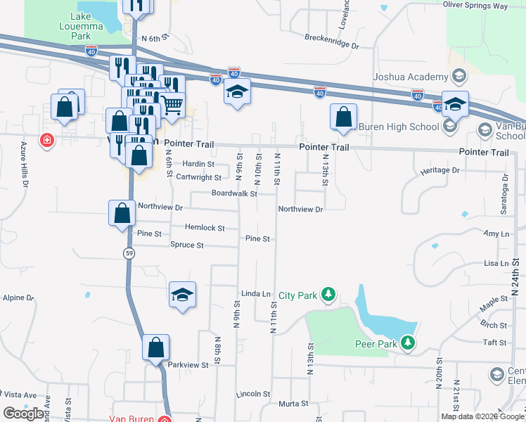 map of restaurants, bars, coffee shops, grocery stores, and more near 1420 North 10th Street in Van Buren
