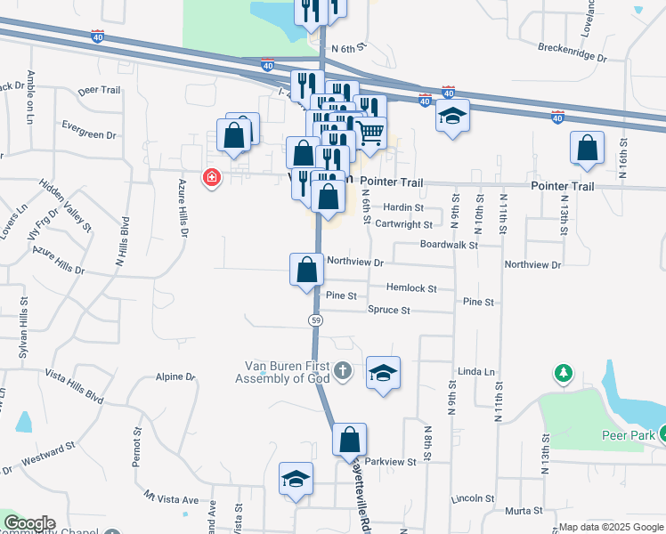 map of restaurants, bars, coffee shops, grocery stores, and more near 408 Northview Drive in Van Buren