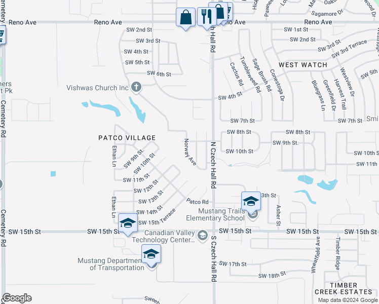 map of restaurants, bars, coffee shops, grocery stores, and more near 1020 Norway Avenue in Yukon