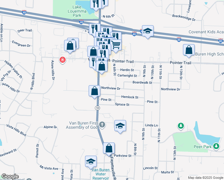 map of restaurants, bars, coffee shops, grocery stores, and more near 504 Northview Drive in Van Buren