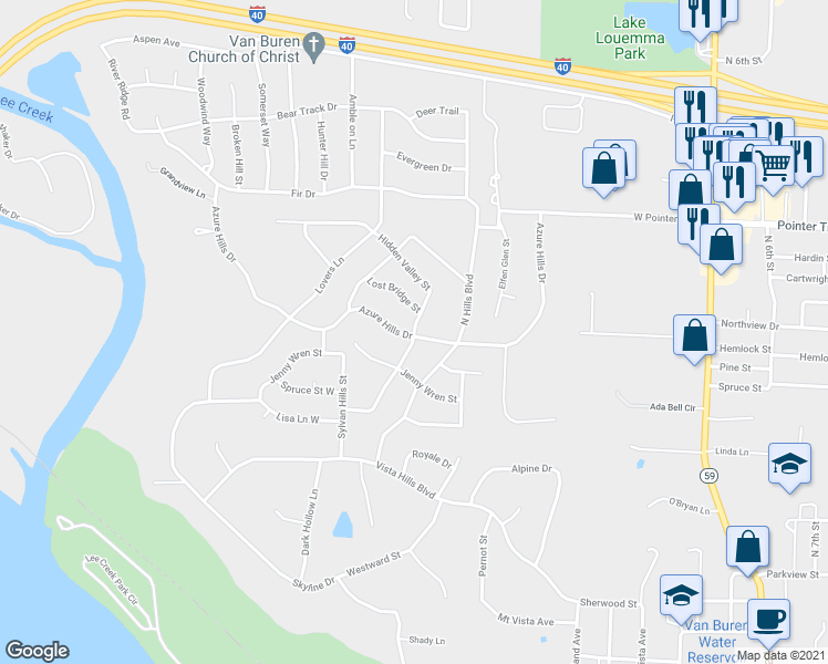 map of restaurants, bars, coffee shops, grocery stores, and more near 1364 Hidden Valley Street in Van Buren