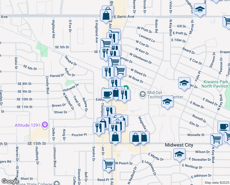 map of restaurants, bars, coffee shops, grocery stores, and more near 900 South Air Depot Boulevard in Midwest City