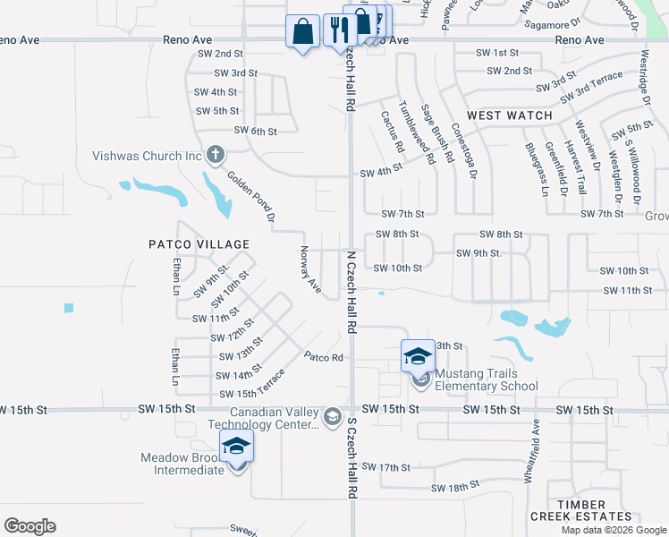 map of restaurants, bars, coffee shops, grocery stores, and more near 1016 Denmark Street in Yukon