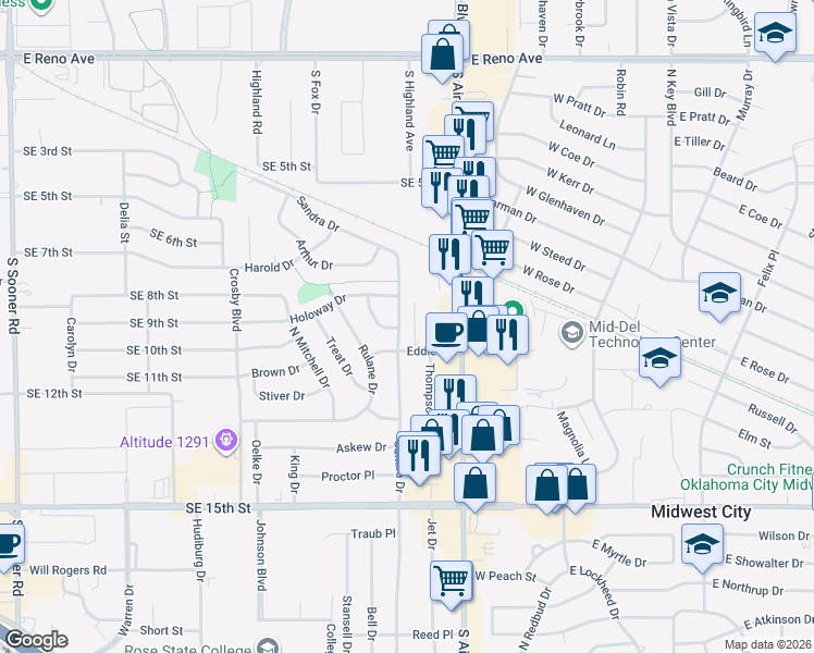 map of restaurants, bars, coffee shops, grocery stores, and more near 1916 Sandra Drive in Midwest City
