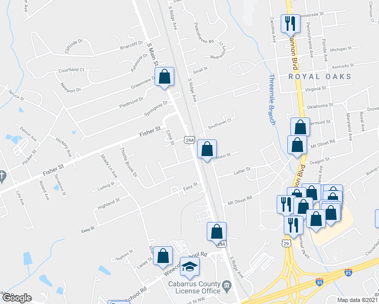 map of restaurants, bars, coffee shops, grocery stores, and more near 2630 South Main Street in Concord