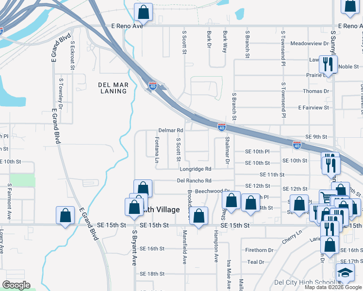 map of restaurants, bars, coffee shops, grocery stores, and more near 824 South Scott Street in Del City