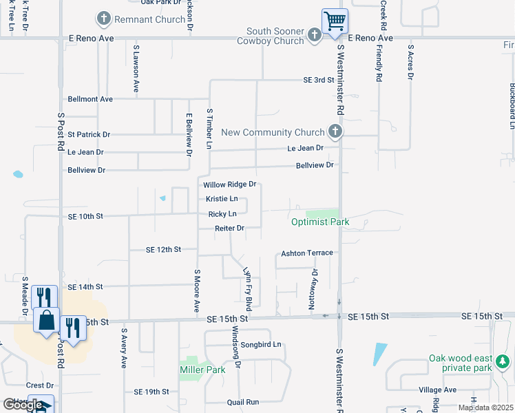 map of restaurants, bars, coffee shops, grocery stores, and more near 935 Choctaw Ridge Road in Midwest City