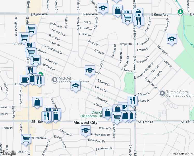 map of restaurants, bars, coffee shops, grocery stores, and more near 301 East Steed Drive in Midwest City