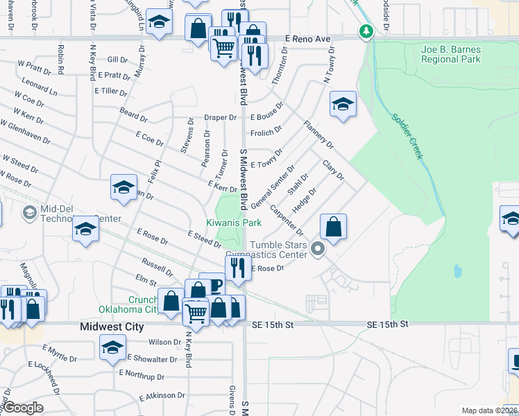 map of restaurants, bars, coffee shops, grocery stores, and more near 612 General Senter Drive in Midwest City