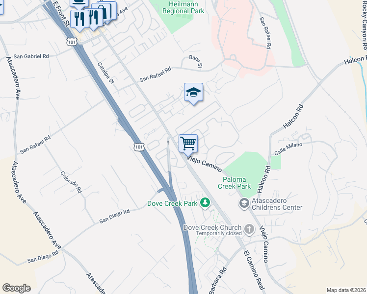 map of restaurants, bars, coffee shops, grocery stores, and more near 11185 El Camino Real in Atascadero