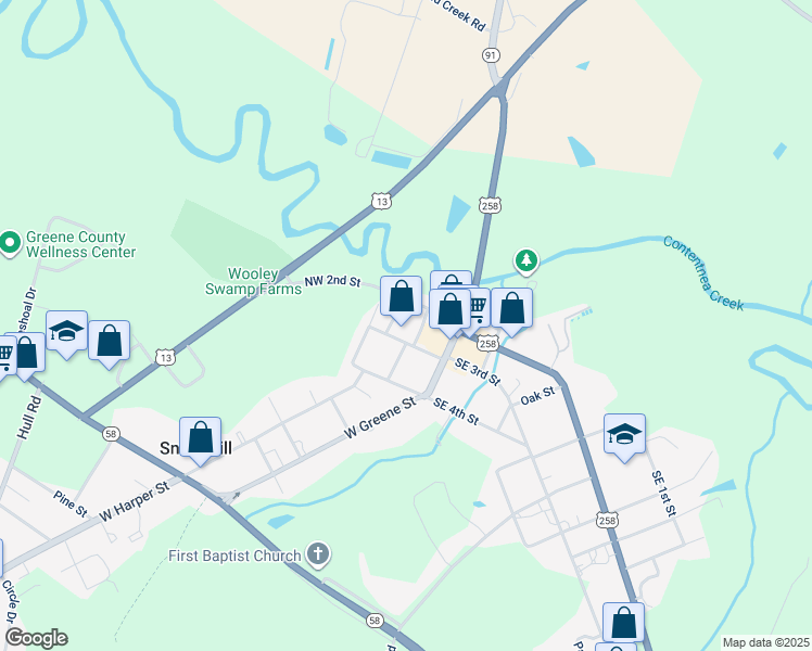 map of restaurants, bars, coffee shops, grocery stores, and more near 117 Northwest 3rd Street in Snow Hill