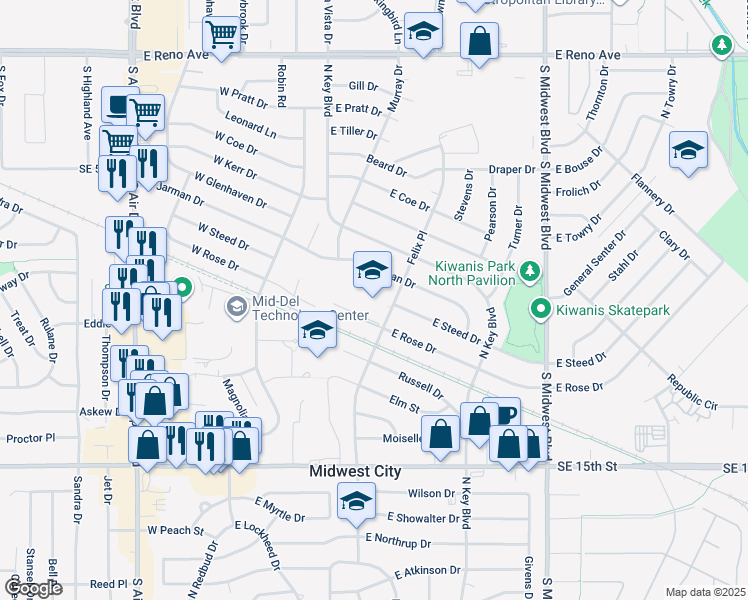 map of restaurants, bars, coffee shops, grocery stores, and more near 1609 Felix Place in Oklahoma City