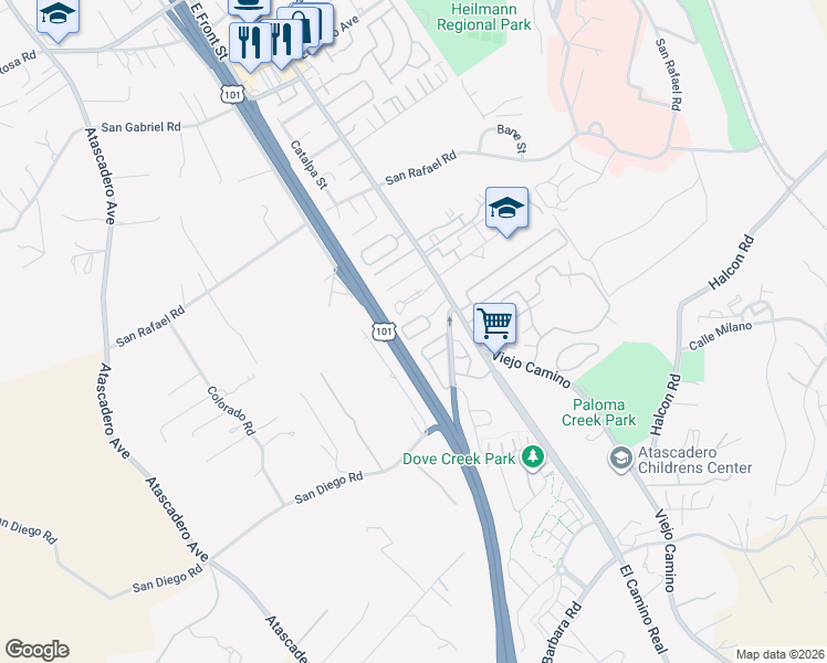map of restaurants, bars, coffee shops, grocery stores, and more near 1012 La Costa Court in Atascadero