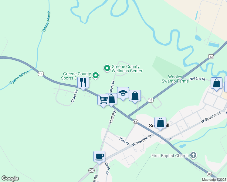 map of restaurants, bars, coffee shops, grocery stores, and more near 105 Pineshoal Drive in Snow Hill