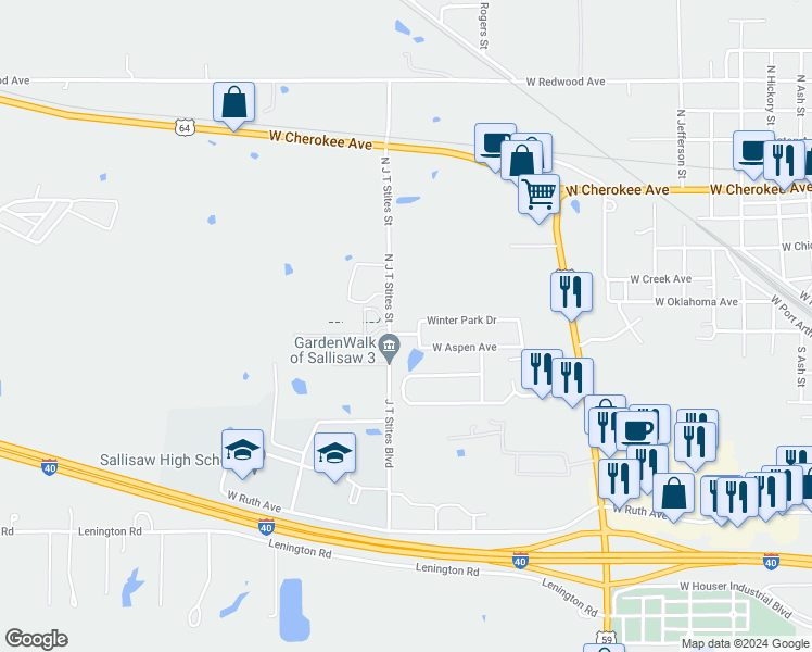 map of restaurants, bars, coffee shops, grocery stores, and more near 2103 Winter Park Drive in Sallisaw