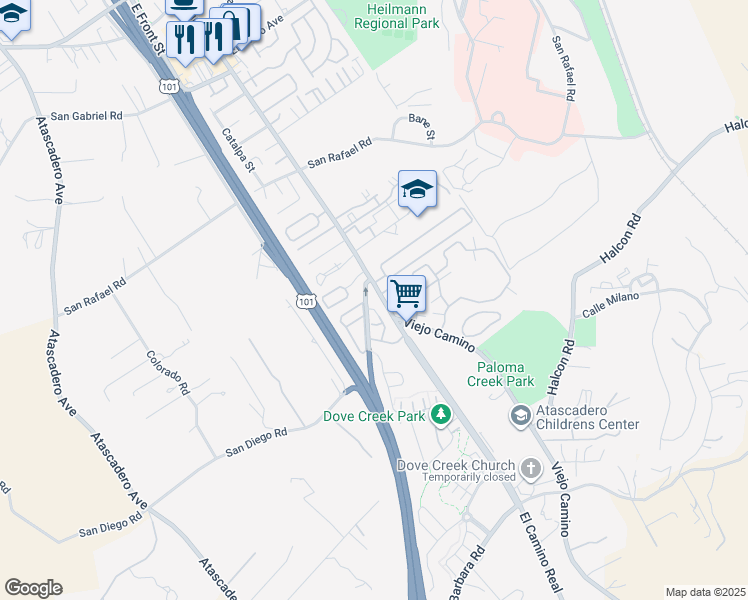 map of restaurants, bars, coffee shops, grocery stores, and more near 9190 Seville Lane in Atascadero