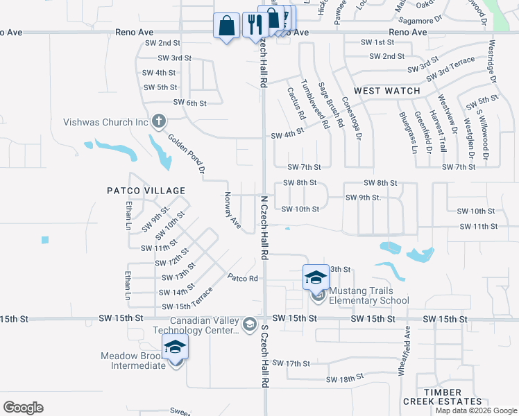 map of restaurants, bars, coffee shops, grocery stores, and more near 1016 Denmark Street in Yukon