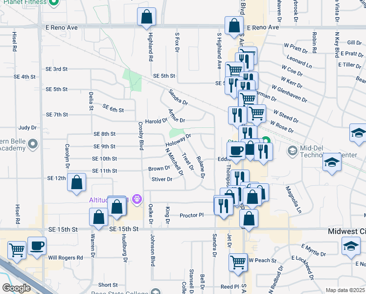 map of restaurants, bars, coffee shops, grocery stores, and more near 1936 Treat Drive in Midwest City