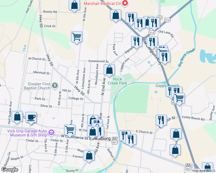 map of restaurants, bars, coffee shops, grocery stores, and more near 570 North 1st Avenue in Lewisburg