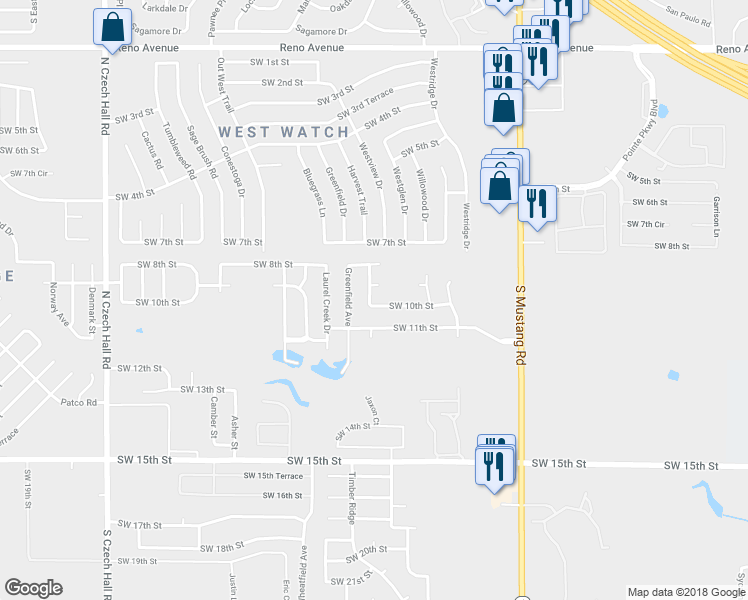 map of restaurants, bars, coffee shops, grocery stores, and more near 11645 Southwest 10th Street in Yukon