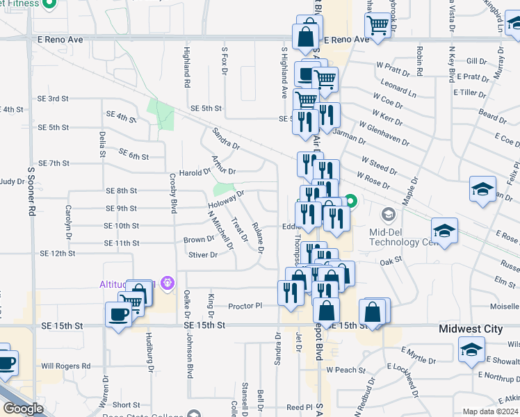 map of restaurants, bars, coffee shops, grocery stores, and more near 2021 Anthony Circle in Midwest City