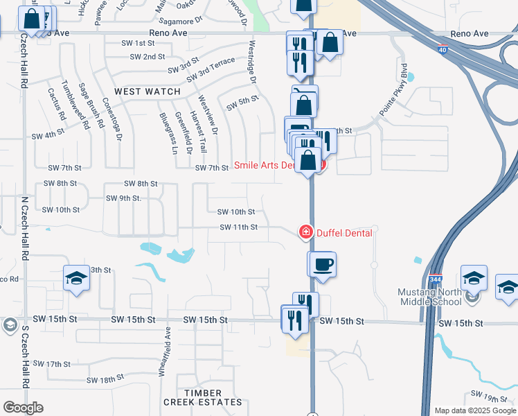 map of restaurants, bars, coffee shops, grocery stores, and more near 1021 Westridge Drive in Yukon