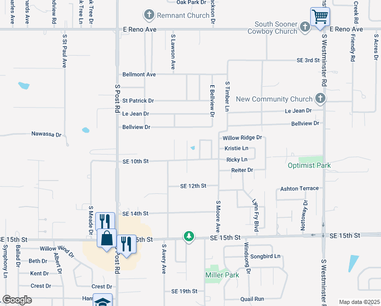 map of restaurants, bars, coffee shops, grocery stores, and more near 920 Ruby Lane in Midwest City