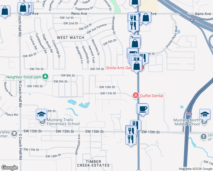 map of restaurants, bars, coffee shops, grocery stores, and more near 11613 Southwest 10th Street in Yukon
