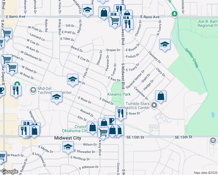 map of restaurants, bars, coffee shops, grocery stores, and more near 1904 Turner Drive in Midwest City
