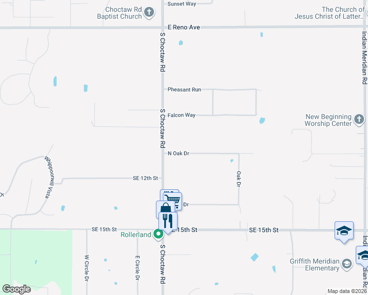 map of restaurants, bars, coffee shops, grocery stores, and more near 15089 North Oak Drive in Choctaw