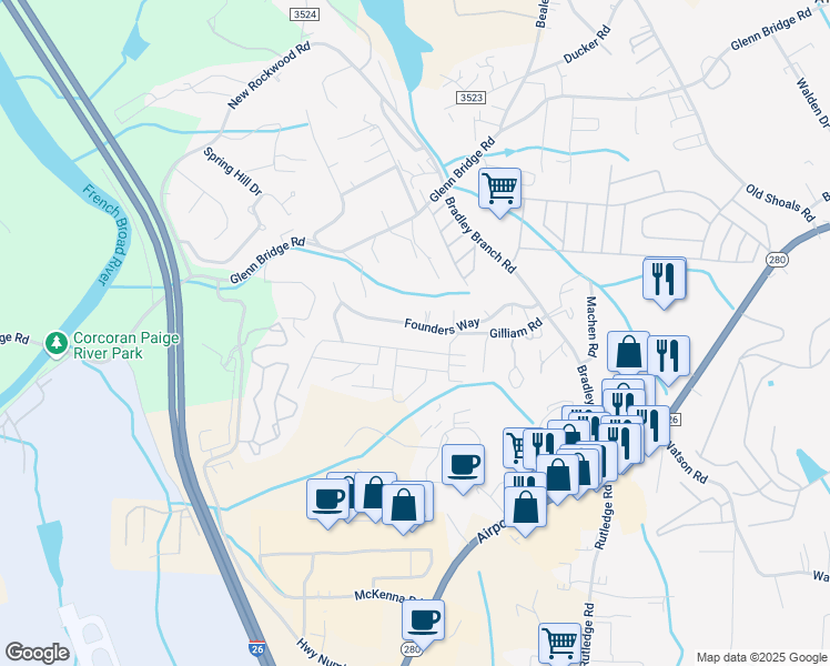 map of restaurants, bars, coffee shops, grocery stores, and more near 60 Founders Way in Arden