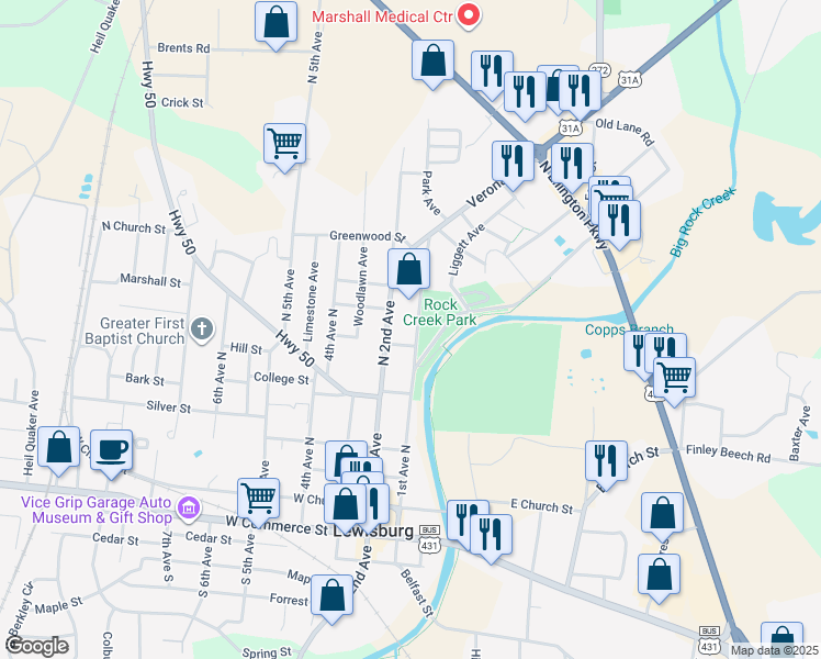 map of restaurants, bars, coffee shops, grocery stores, and more near 570 1st Avenue North in Lewisburg